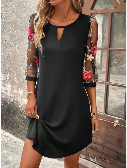 Elythra - Womens Mini Dress With Embroidered Mesh Sleeves