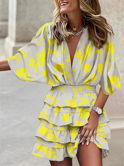 Serelyn - Summer Dress Short Sleeve V Neck With Ruffles
