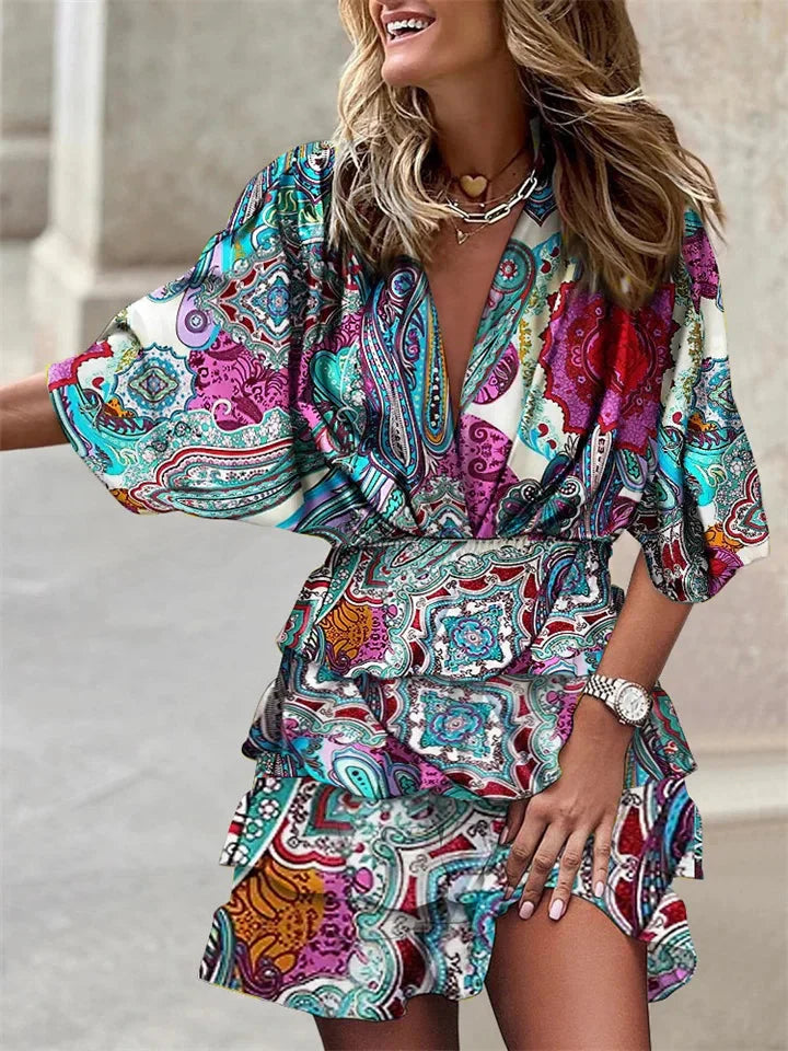 Serelyn - Summer Dress Short Sleeve V Neck With Ruffles