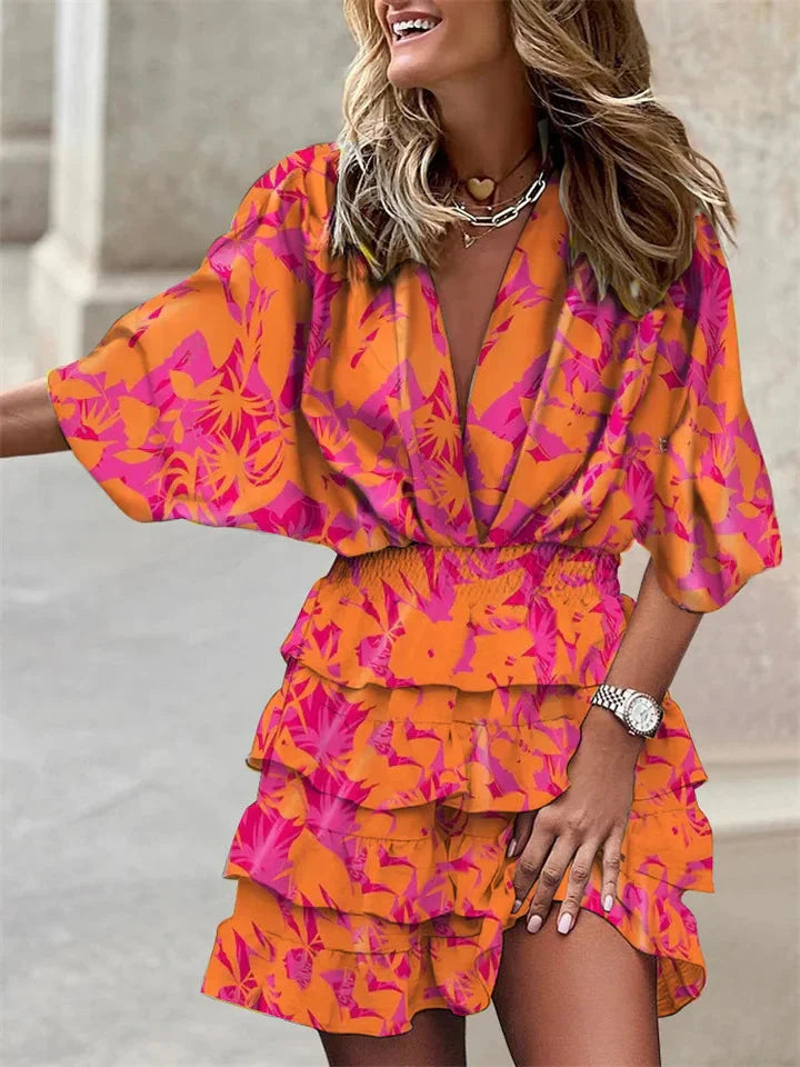 Serelyn - Summer Dress Short Sleeve V Neck With Ruffles