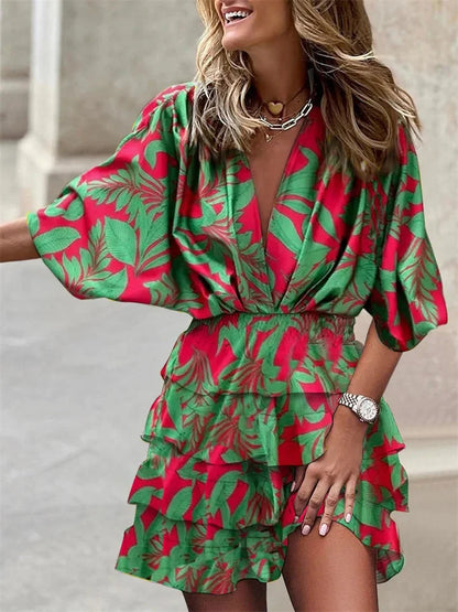 Serelyn - Summer Dress Short Sleeve V Neck With Ruffles