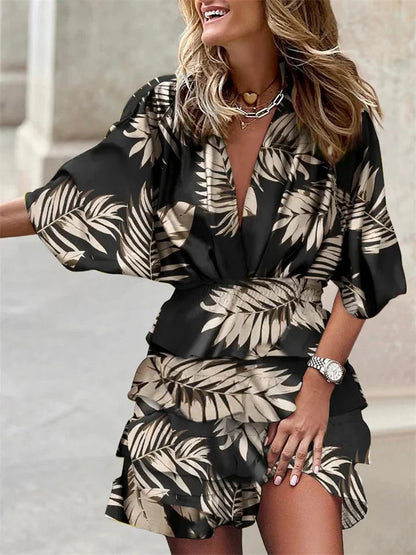 Serelyn - Summer Dress Short Sleeve V Neck With Ruffles