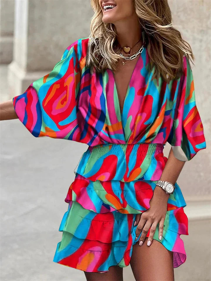 Serelyn - Summer Dress Short Sleeve V Neck With Ruffles