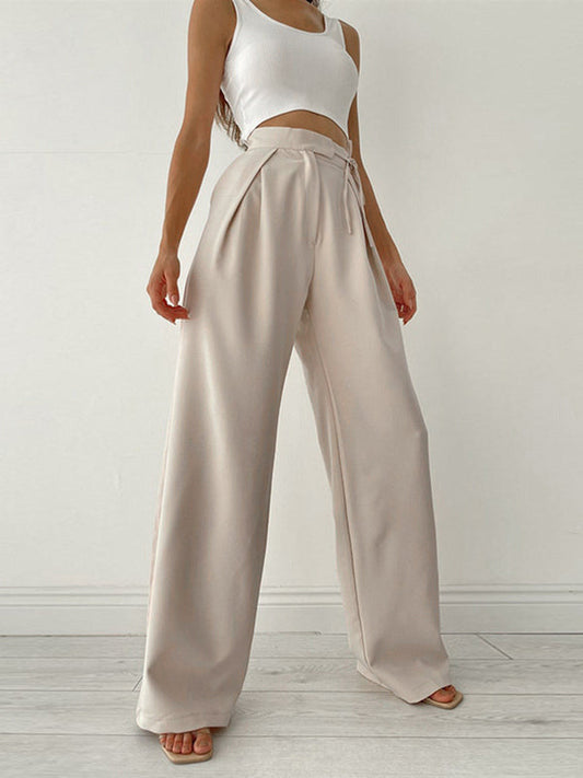 Esmoria - Womens High Waist Wide Leg Trousers With Tie Belt