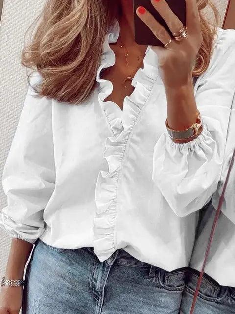 Women Ruffle Detail V Neck Blouse