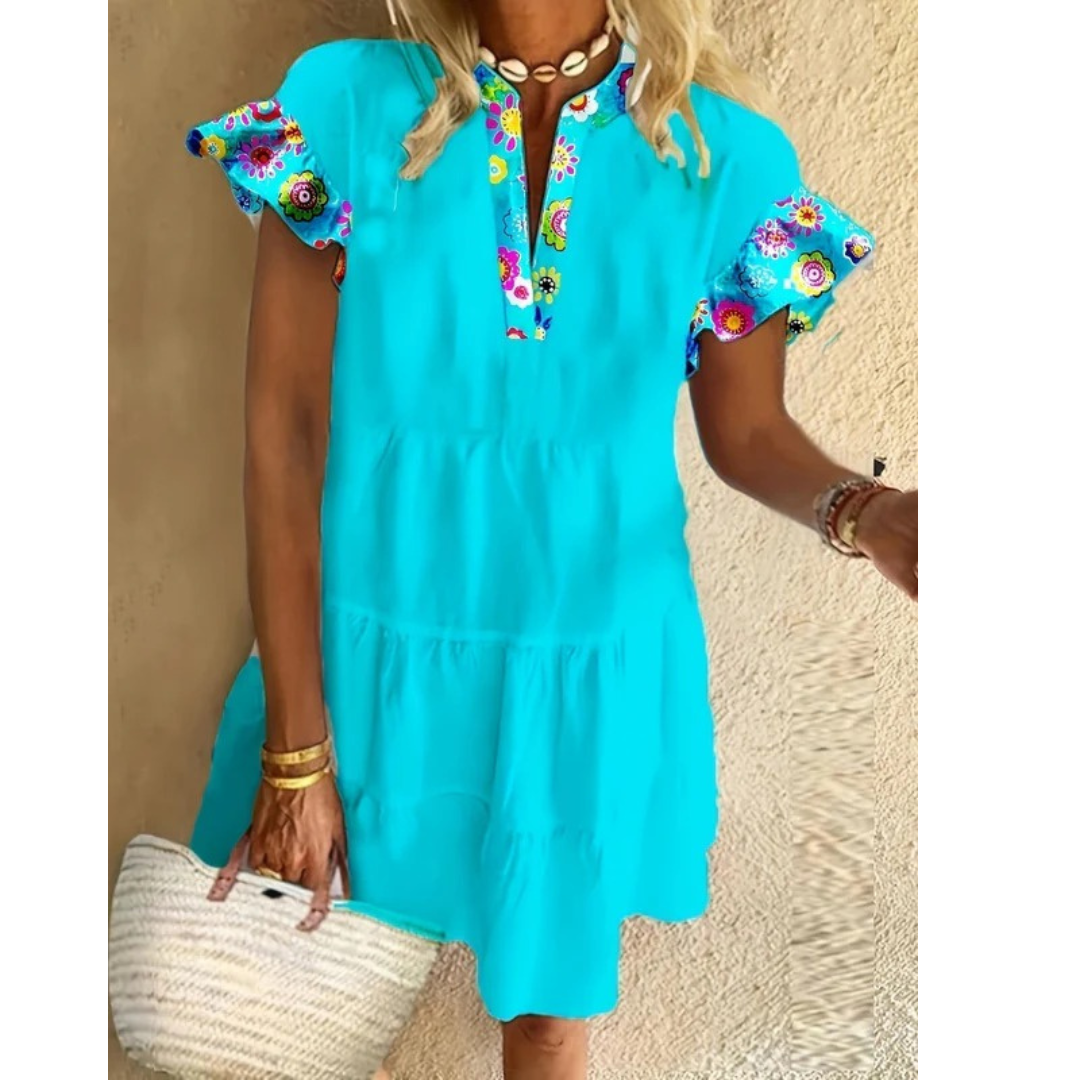 Danielle | Damen Blaues Sommerkleid Mini Boho Rüschen