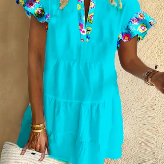 Danielle | Damen Blaues Sommerkleid Mini Boho Rüschen