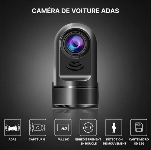 ADAS bilkamera med bevægelsesdetektion, Full HD-optagelse, G-sensor og 32GB micro SD-kort. Ideel til sikkerhed og overvågning i køretøjer.