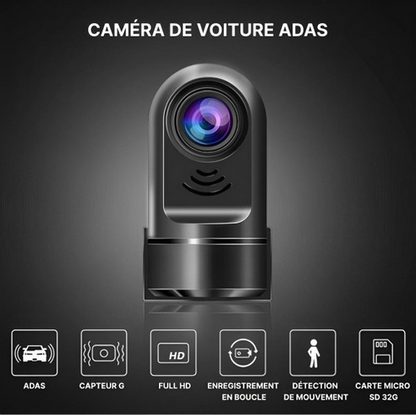 ADAS bilkamera med bevægelsesdetektion, Full HD-optagelse, G-sensor og 32GB micro SD-kort. Ideel til sikkerhed og overvågning i køretøjer.