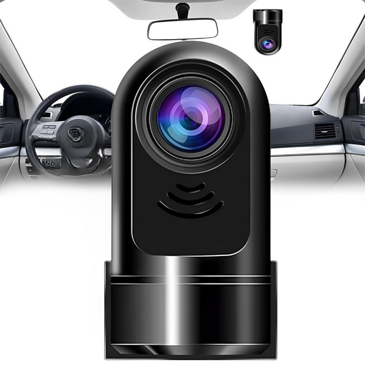 Dashcam til bilinteriør med vidvinkelobjektiv, monteret på forruden. Ideel til sikkerhed og overvågning under kørsel.