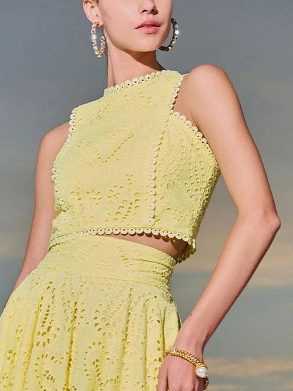 Women’s Sleeveless Embroidered Lace Top – Hollow Cut-Out Style for Summer & Parties