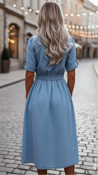 Elegante abito midi in denim blu da donna – Completo con camicia e cintura