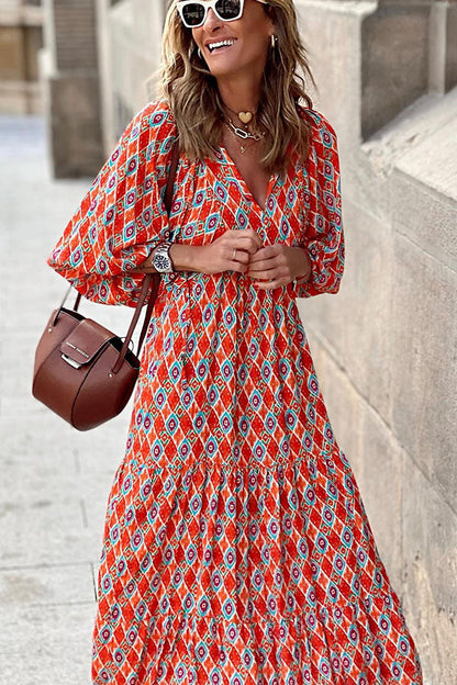 Midi-Kleid für Damen mit Puffärmeln und Stufenschnitt