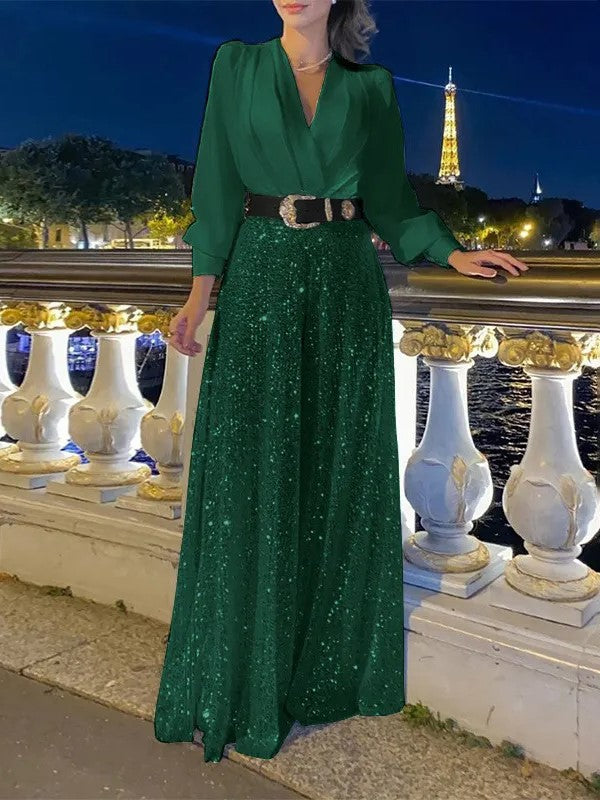 Chelsea | Elegante Langarmshirt mit Pailletten-Palazzo-Hose