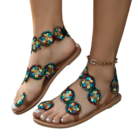 Ethnic Style Flowers Flat Sandals Casual Clip Toe Beach Shoes For Women