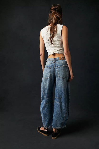 Jean Barrel Large Jambe Large Taille Moyenne Stretch Femme – Denim Décontracté Baggy