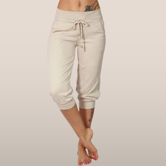 Pantalon capri beige pour femme, taille basse, avec cordon de serrage, idéal pour l'été et le yoga, confort et style décontracté.