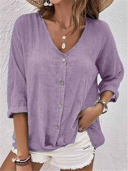 Lina - Elegant Blus med V-ringning och Knappdetaljer