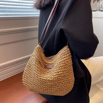 Braided Tote Bag in Khaki - side view - Jane London