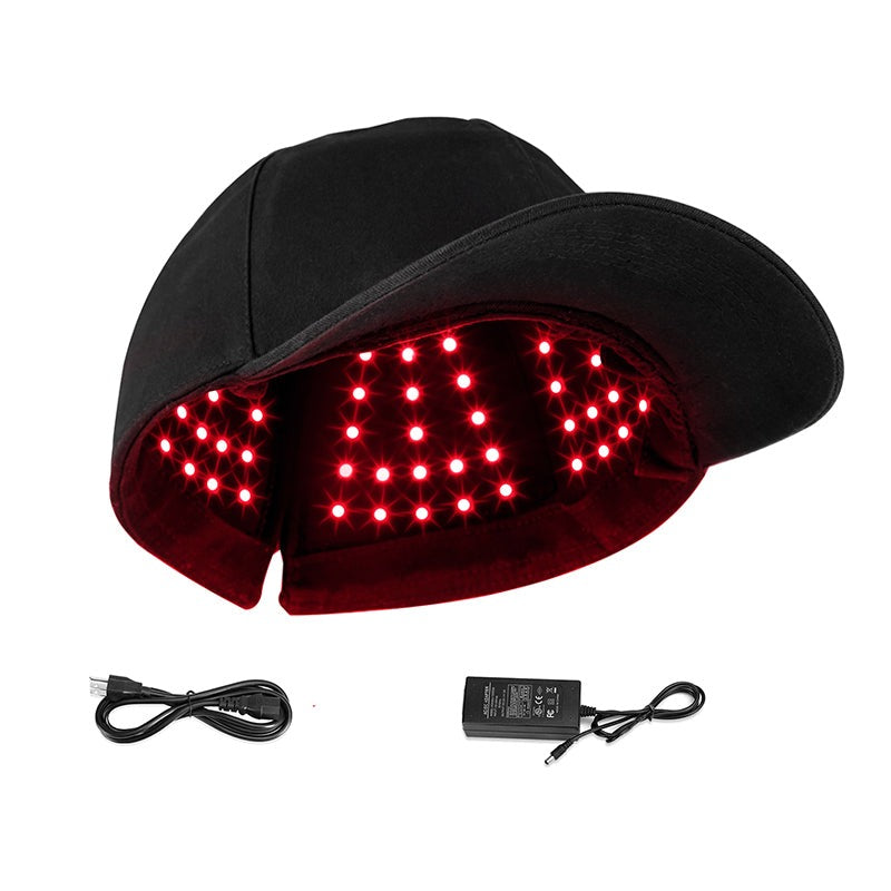 Schwarze LED-Lichttherapie-Kappe mit USB-Kabel und Netzteil für Haarwachstum.