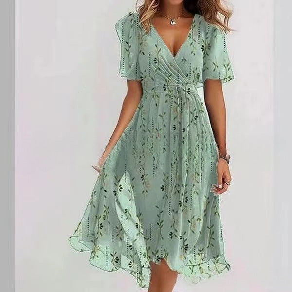 Robe Midi Femme Cache-Cœur à Fleurs – Style A-Line à Manches Courtes