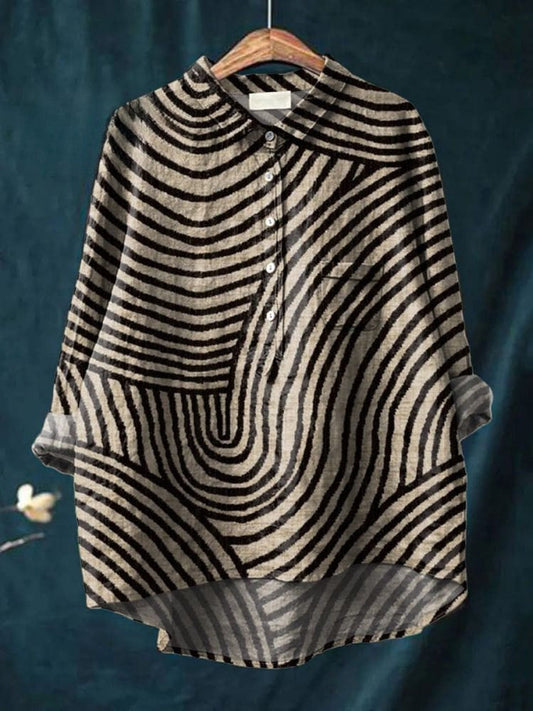 Damen Leinen Shirt mit Zirkulärem Linienmuster