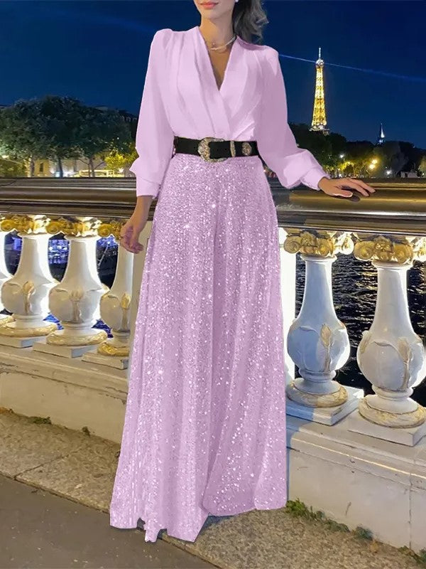 Chelsea | Elegante Langarmshirt mit Pailletten-Palazzo-Hose