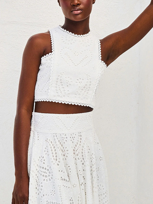 Women’s Sleeveless Embroidered Lace Top – Hollow Cut-Out Style for Summer & Parties