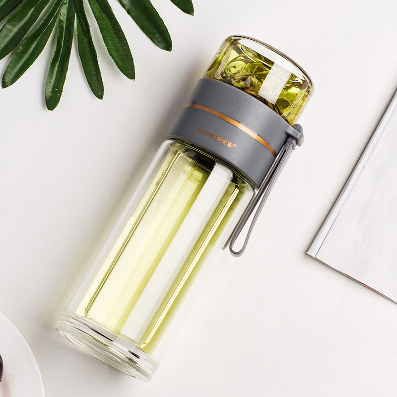 Doppelwandige Glasflasche mit Teesieb, grau, 500ml, auslaufsicher, für Tee und Wasser.