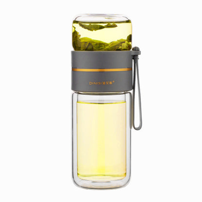 Doppelwandige Glas-Teeflasche mit Sieb, grau, tragbar, ideal für unterwegs.