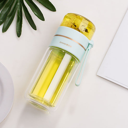 Doppelwandige Glasflasche mit Teesieb, mintgrün, ideal für Tee, tragbar, stilvolles Design.