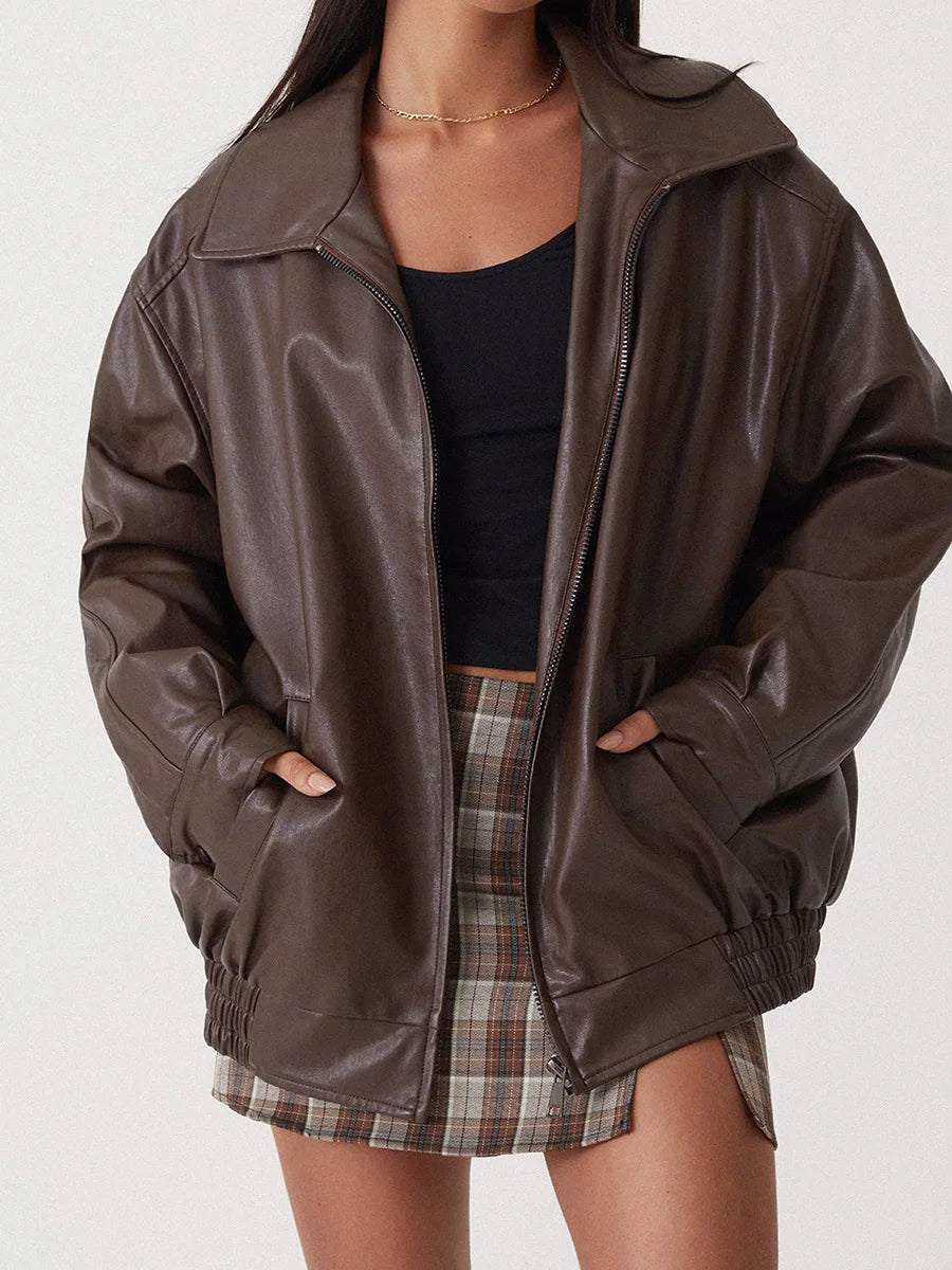 Stylowa Damska Skórzana Kurtka Oversize z Klasycznym Wykończeniem | Idealna na Casualowe i Edgy Stylizacje 7