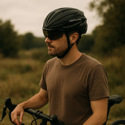 Fietshelm met geïntegreerde bril en vizier in zwart