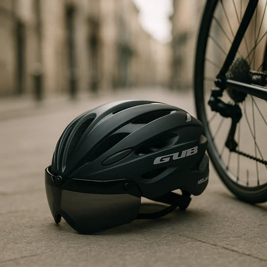Fietshelm met geïntegreerde bril en vizier in zwart