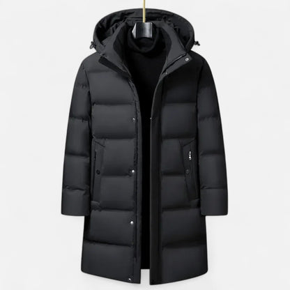 Manteau d'hiver noir pour homme, long et matelassé, avec capuche amovible. Idéal pour temps froid. Mode masculine, vêtement chaud et élégant.