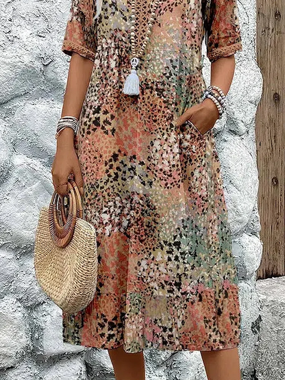 Robe femme midi fluide imprimée col V manches courtes élégante décontractée