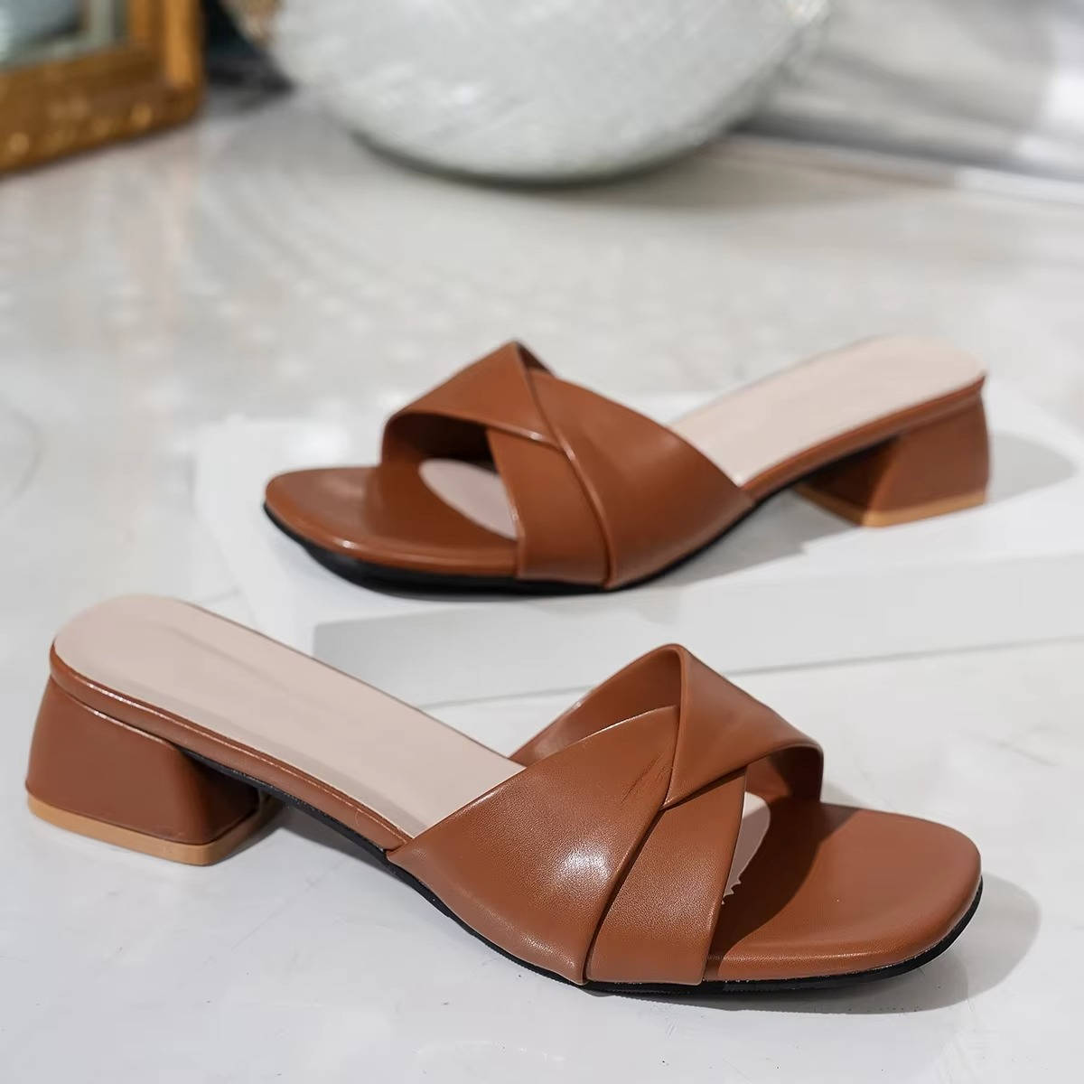 Women's Block Heel Slide Sandals Crossover Strap Open Toe