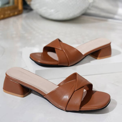 Women's Block Heel Slide Sandals Crossover Strap Open Toe