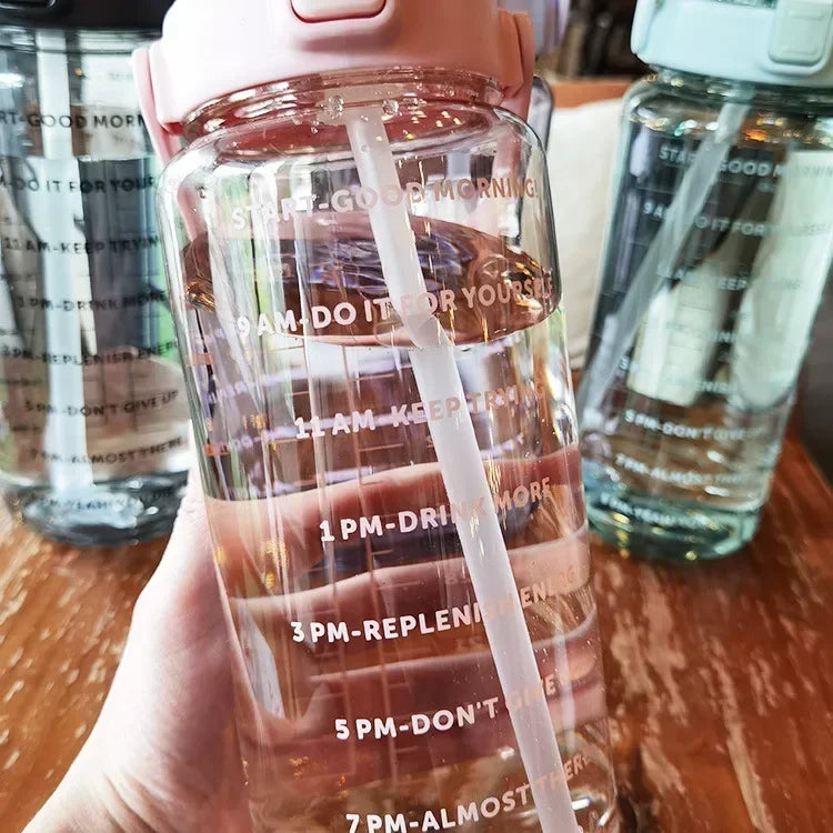 2-Liter-Trinkflasche mit Strohhalm & Zeitmarkierung – BPA-frei, Auslaufsicher