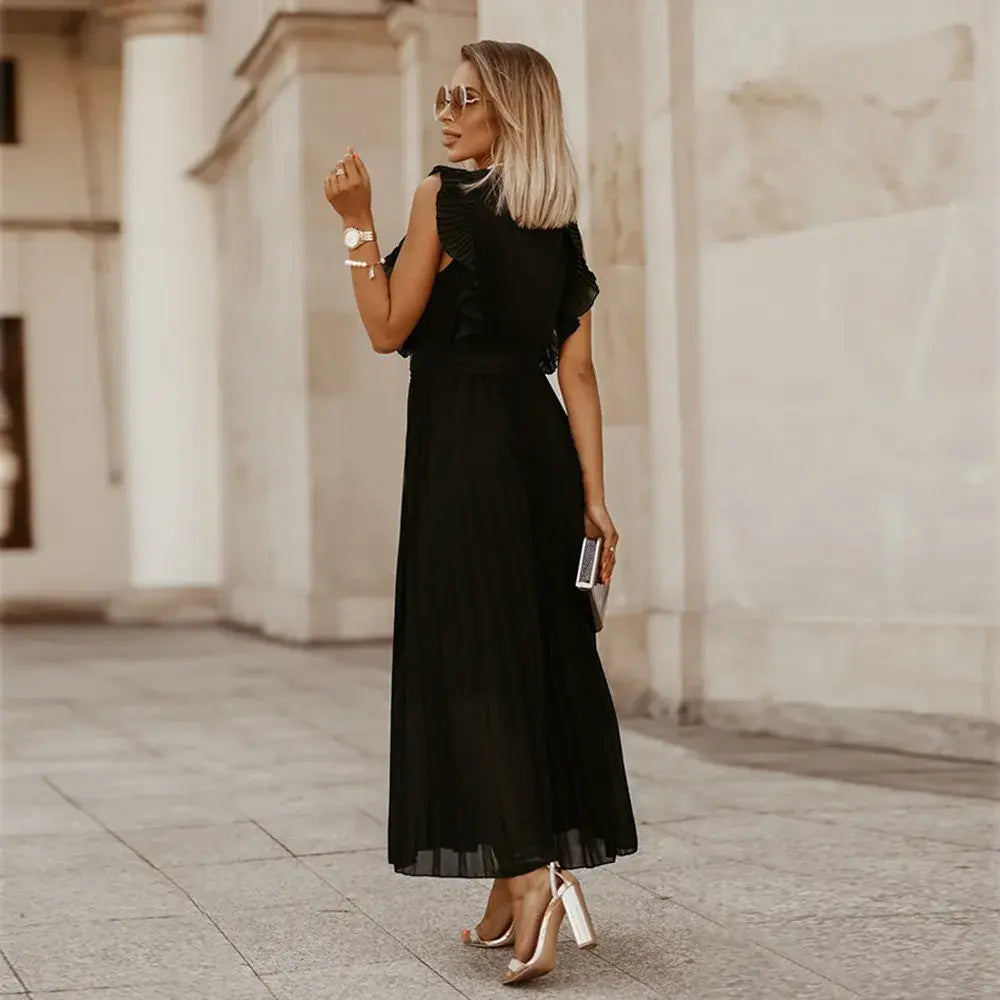 Robe Maxi Élégante Sans Manches à Volants pour Femmes – Robe d’Été Plissée à Col V