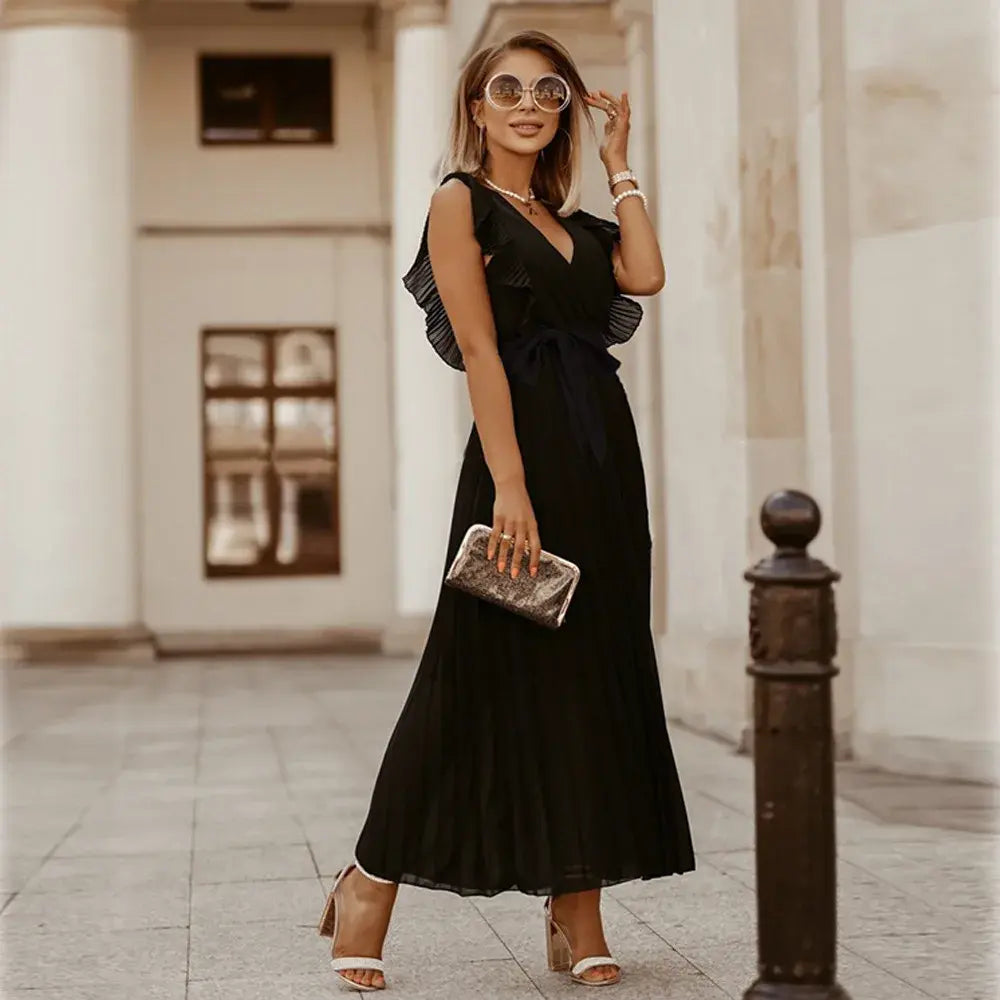 Robe Maxi Élégante Sans Manches à Volants pour Femmes – Robe d’Été Plissée à Col V