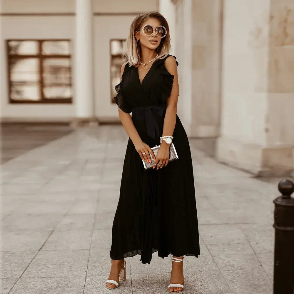 Robe Maxi Élégante Sans Manches à Volants pour Femmes – Robe d’Été Plissée à Col V
