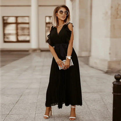 Robe Maxi Élégante Sans Manches à Volants pour Femmes – Robe d’Été Plissée à Col V
