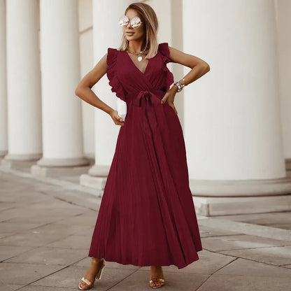 Robe Maxi Élégante Sans Manches à Volants pour Femmes – Robe d’Été Plissée à Col V