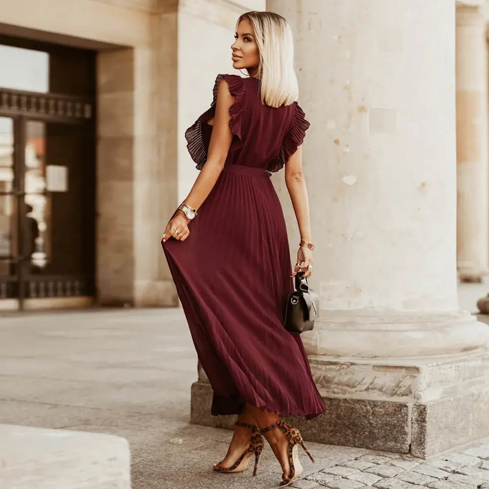 Robe Maxi Élégante Sans Manches à Volants pour Femmes – Robe d’Été Plissée à Col V