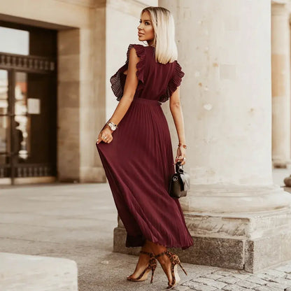Robe Maxi Élégante Sans Manches à Volants pour Femmes – Robe d’Été Plissée à Col V