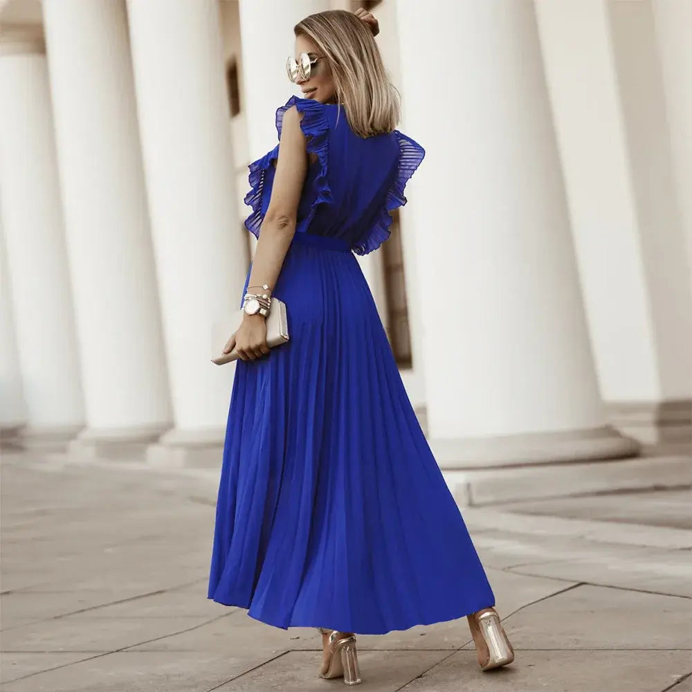 Robe Maxi Élégante Sans Manches à Volants pour Femmes – Robe d’Été Plissée à Col V