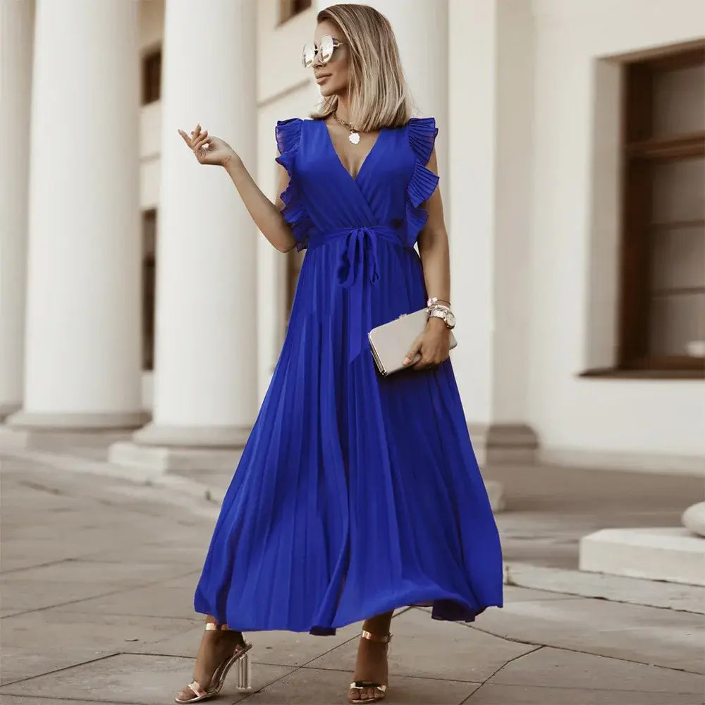 Robe Maxi Élégante Sans Manches à Volants pour Femmes – Robe d’Été Plissée à Col V