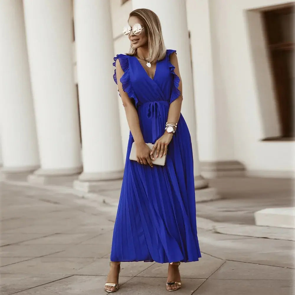 Robe Maxi Élégante Sans Manches à Volants pour Femmes – Robe d’Été Plissée à Col V