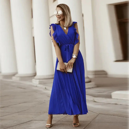 Robe Maxi Élégante Sans Manches à Volants pour Femmes – Robe d’Été Plissée à Col V